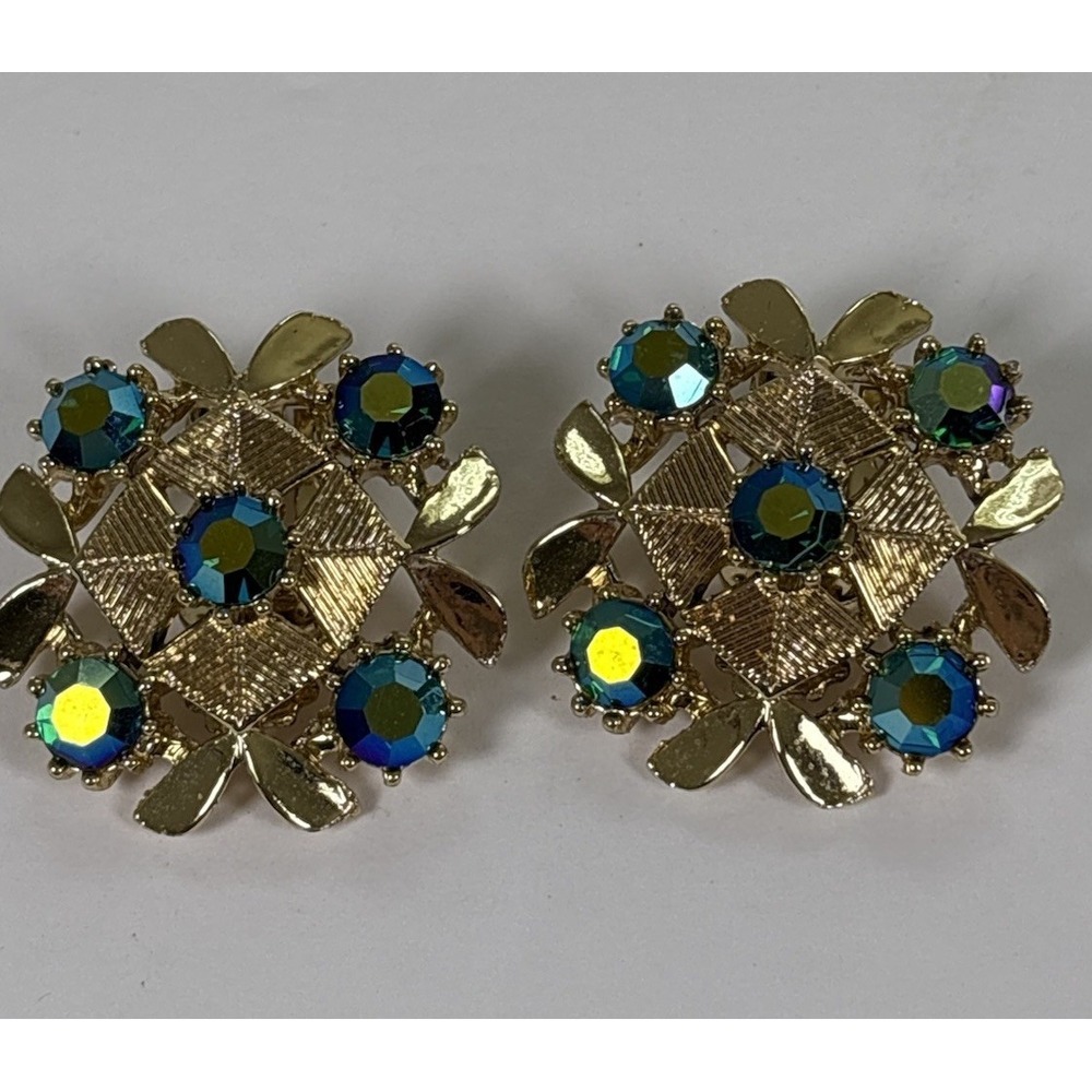 VTG Aurora Borealis AB Rhinestone Clip On Earrings Gold Tone Blue Green